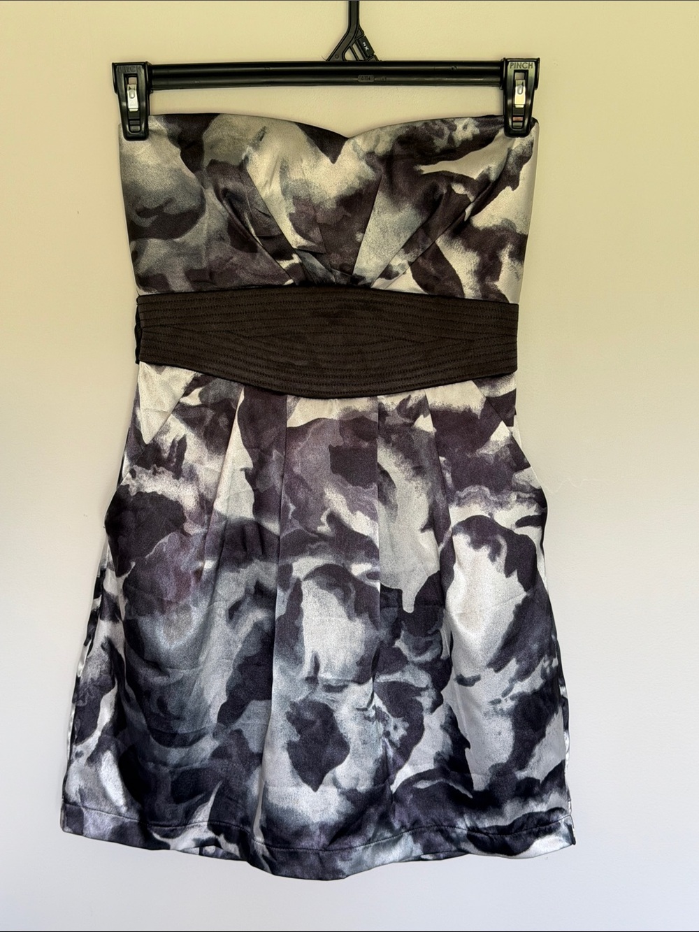 Trixxi Strapless Black and Gray Watercolor Print Dress